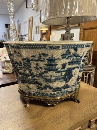Blue Willow Porcelain Planter w/ Bronze - 14.5l x 11w x 9.5h