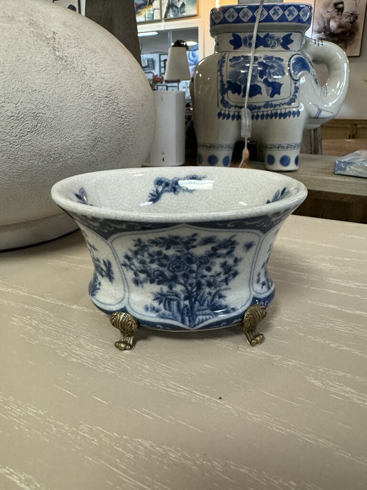 Blue and White Birds Basin w/ Bronze - 8.5lx6wx6h