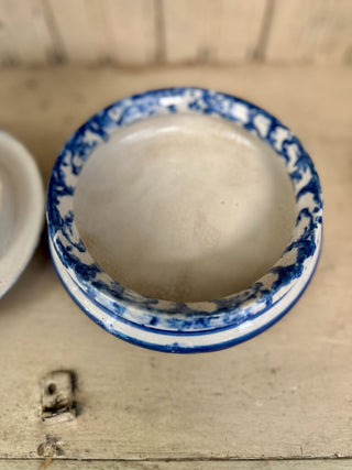Blue & White Spongeware Butter Dish W/ Cream Seperator