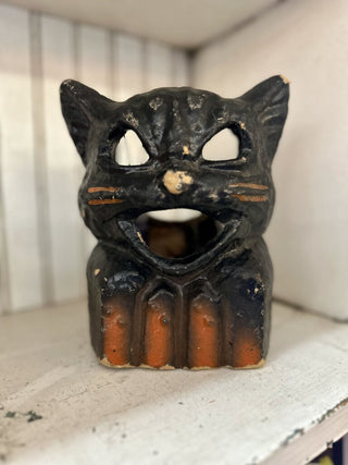 Vintage Paper Mache Black Cat on Fence Candy Container