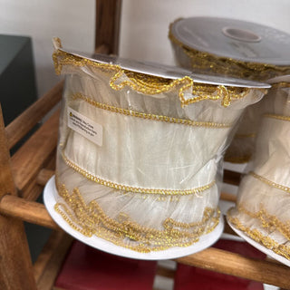 4"x10yds Sheer Ivory Ribbon with Ruffles and Gold Trim