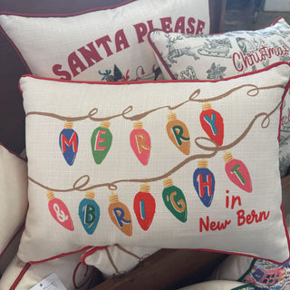 Merry & Bright Christmas Lights Pillow + RED Piping - In New Bern