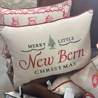 Vintage Merry Little Hometown Christmas pillow + SKI RED Piping - New Bern