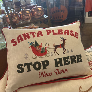 Santa Please Stop Here Hometown Pillow + SKI RED Piping - New Bern